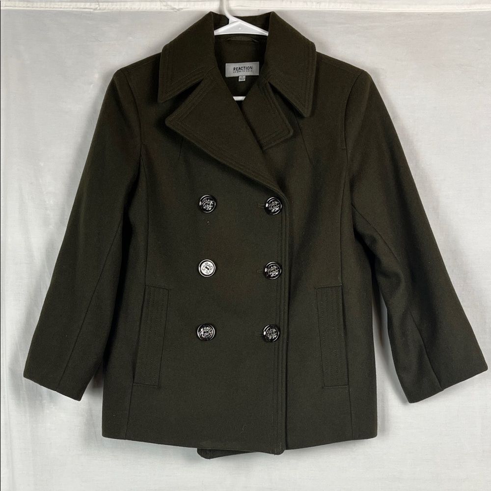 Army Green Double Breasted Kenneth Cole Reaction Wool Blend Pea Coat